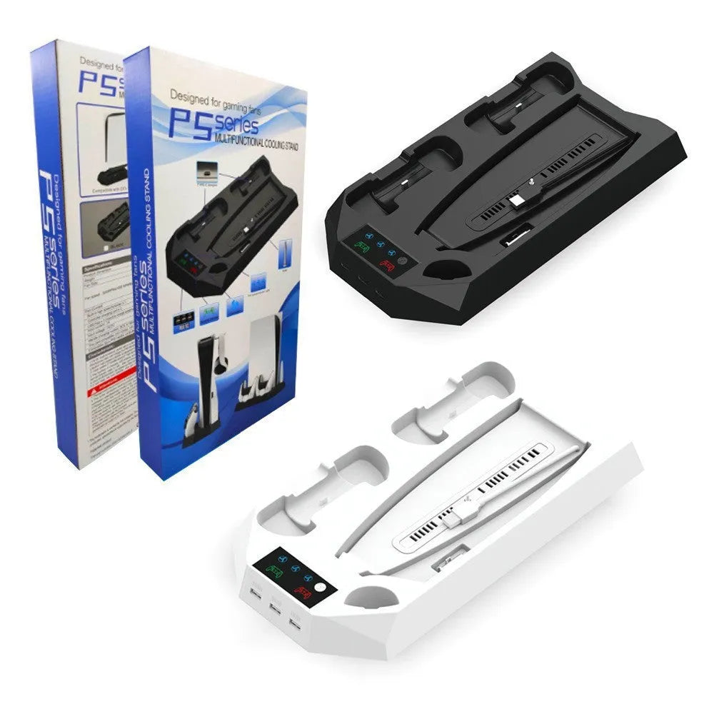 PS5 charging base radiator in white with two controller charging ports and cooling function