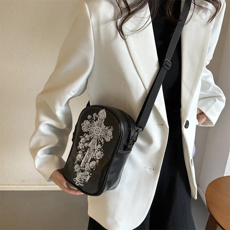 Black Halloween graffiti mini crossbody bag with cartoon pumpkin ghost bat print