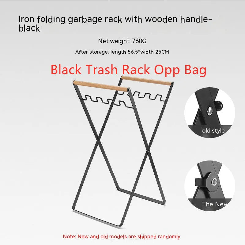 Wooden handle wrought iron folding garbage storage hanger with height adjustment mechanism