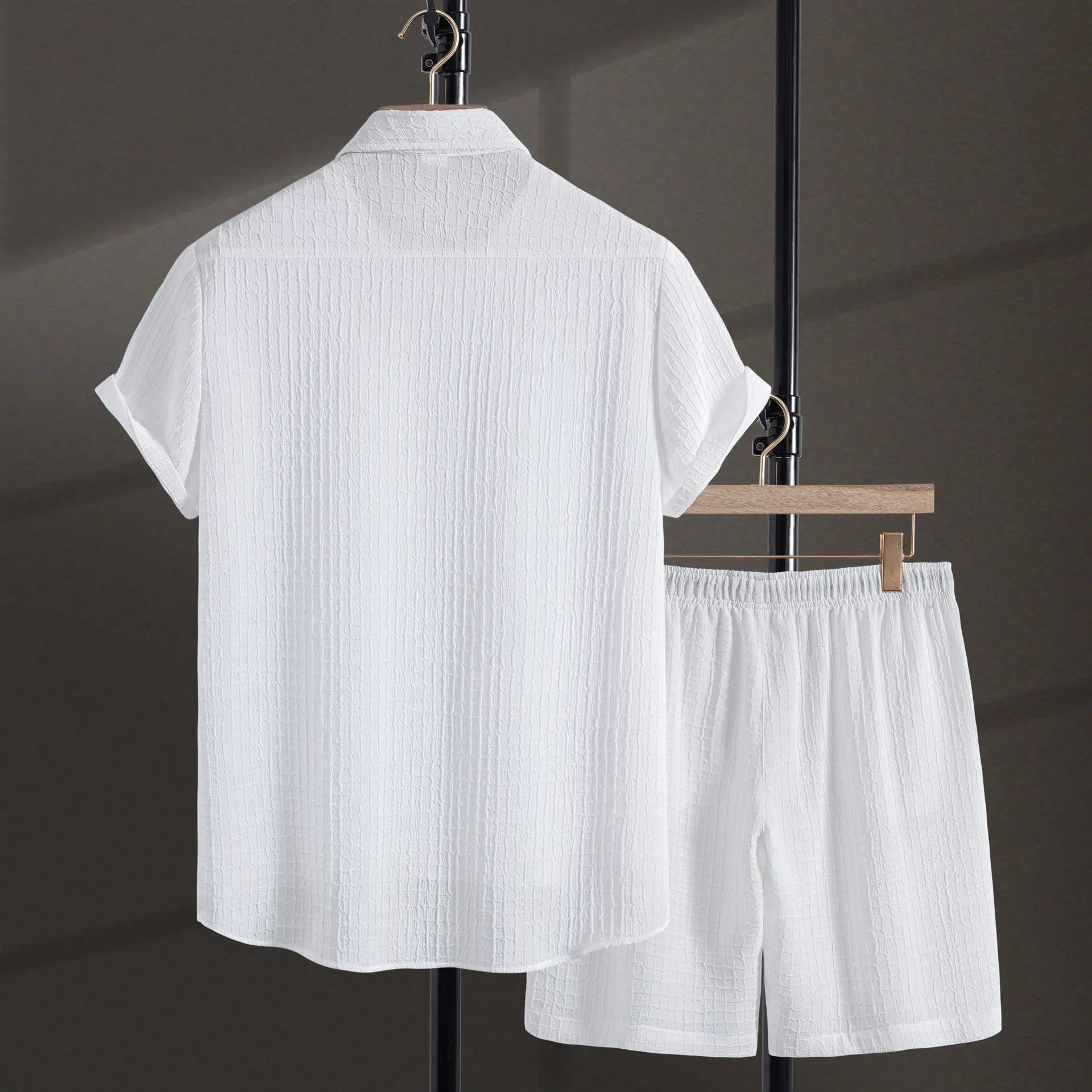 Men's black cotton blend jacquard short sleeve shirt and matching shorts casual suit