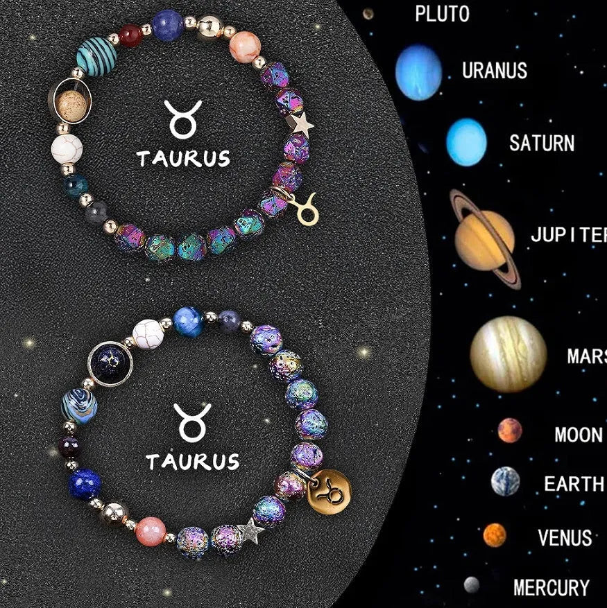 Two natural stone beaded bracelets laid out, each featuring designs for different zodiac signs.