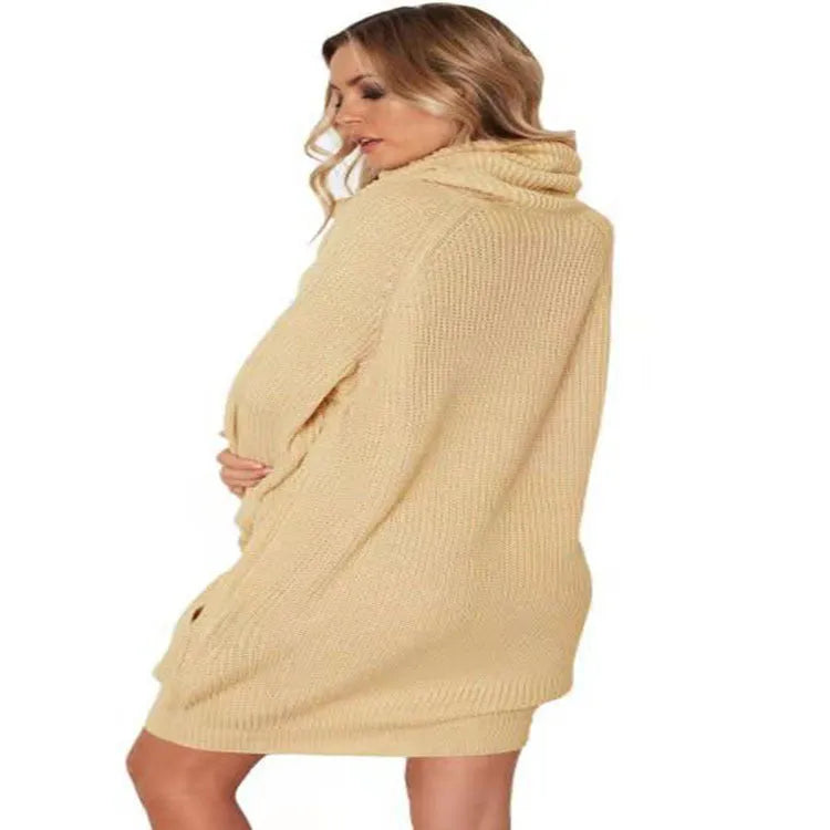 Women's lapel collar pullover sweater with side pockets in light apricot colour