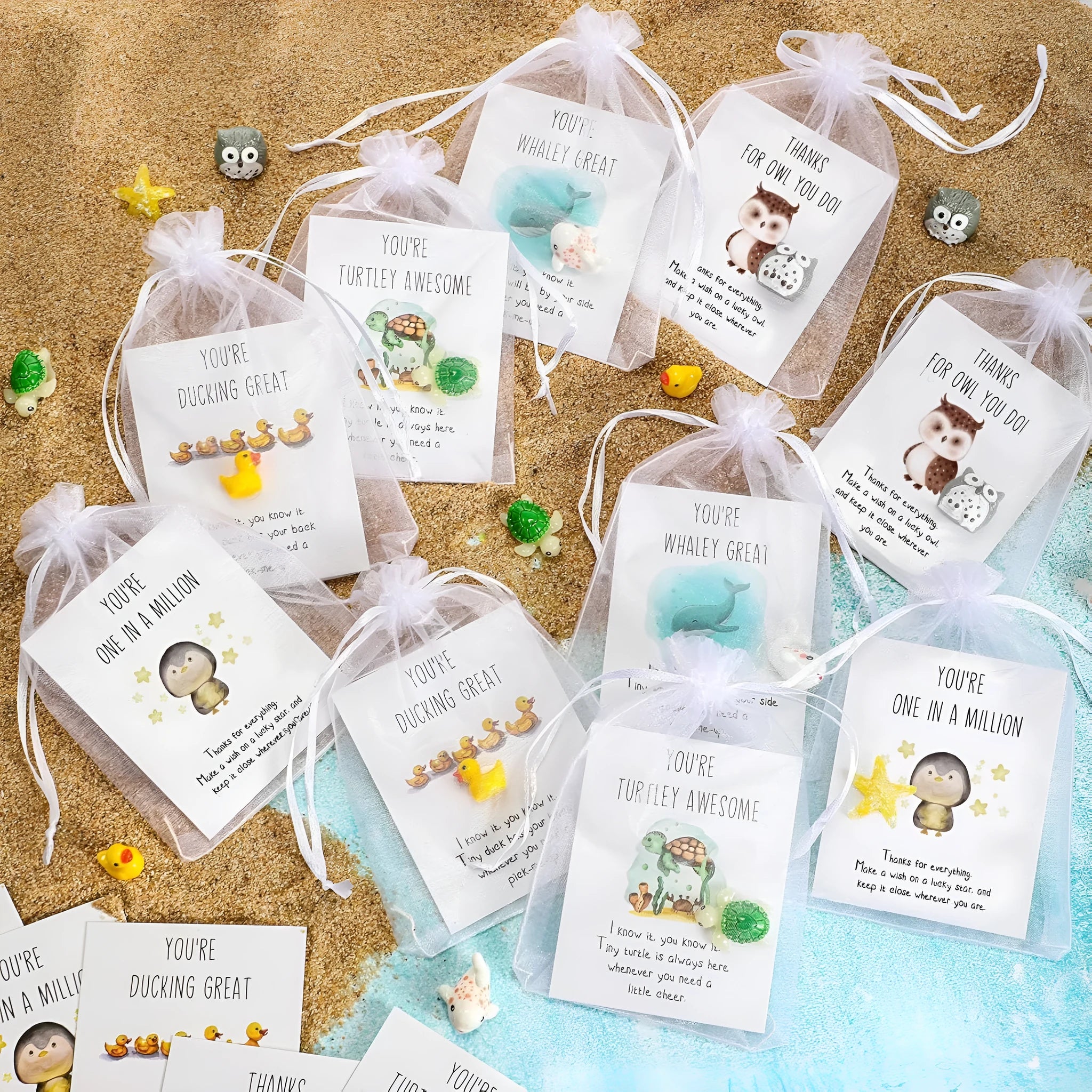 Set of pun-inspired inspirational memo cards made from durable resin material.