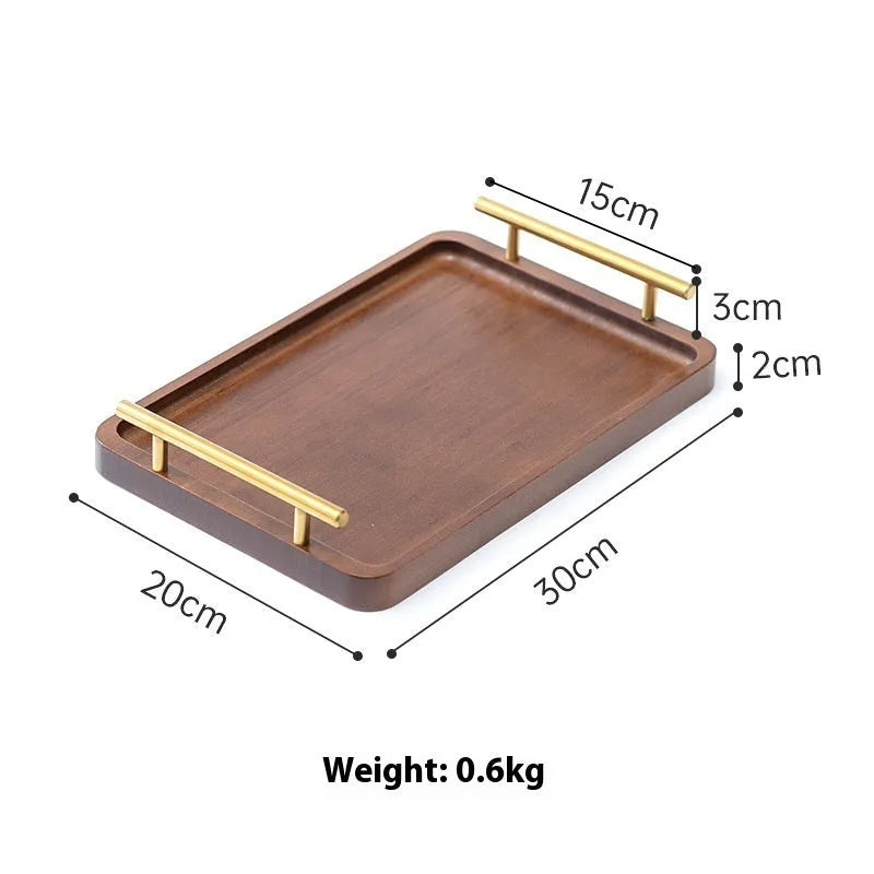 Square bamboo serving tray with brown handle for hotel and coffee shop use