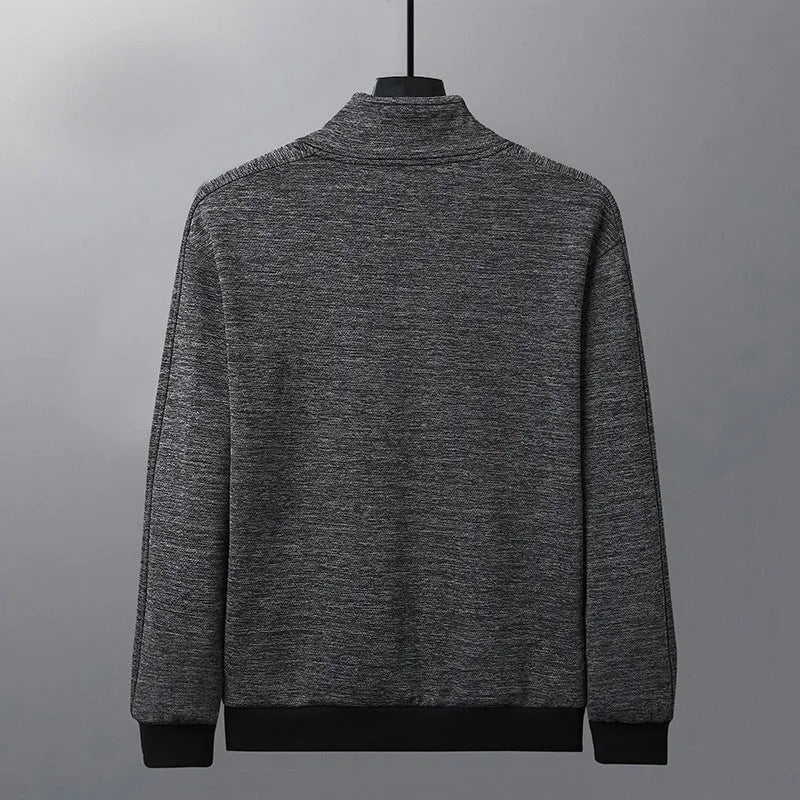 Men's black stand-up collar zip-front jacket in an athletic fit on a hanger.
