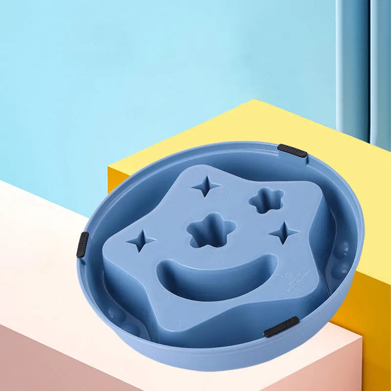 Large blue dog slow feeder bowl with moon star wings pattern and non-slip base