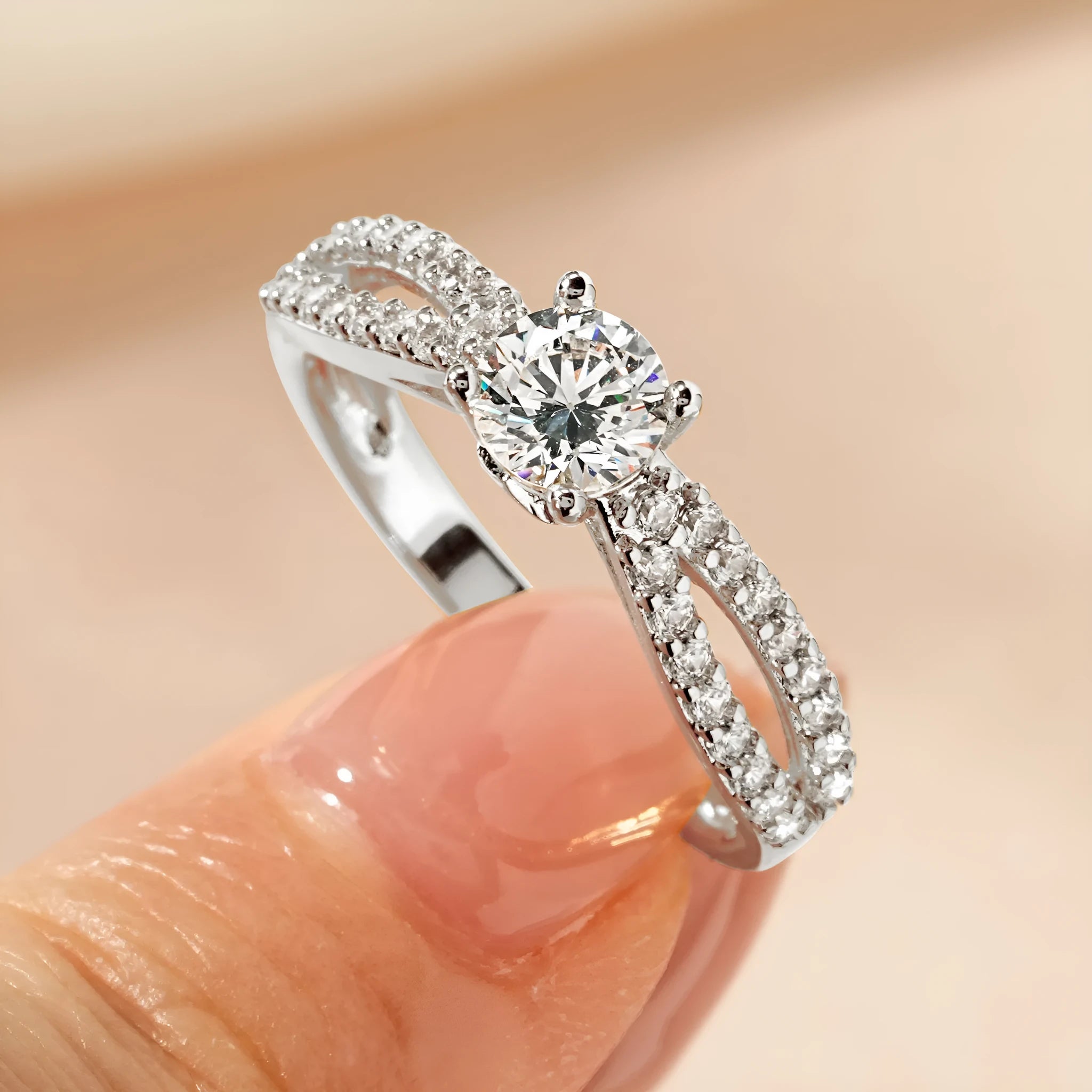 Women's geometric copper zircon ring in white or yellow, showing heart, split-arm, and star style options.