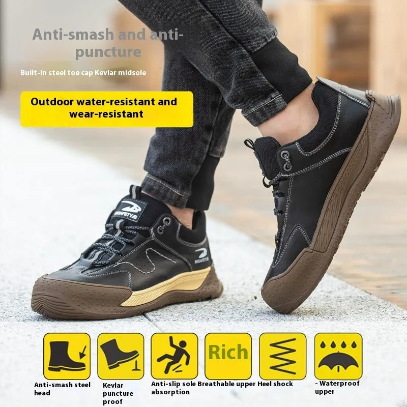 Flyknit leather work shoes with rubber sole in multiple colour options