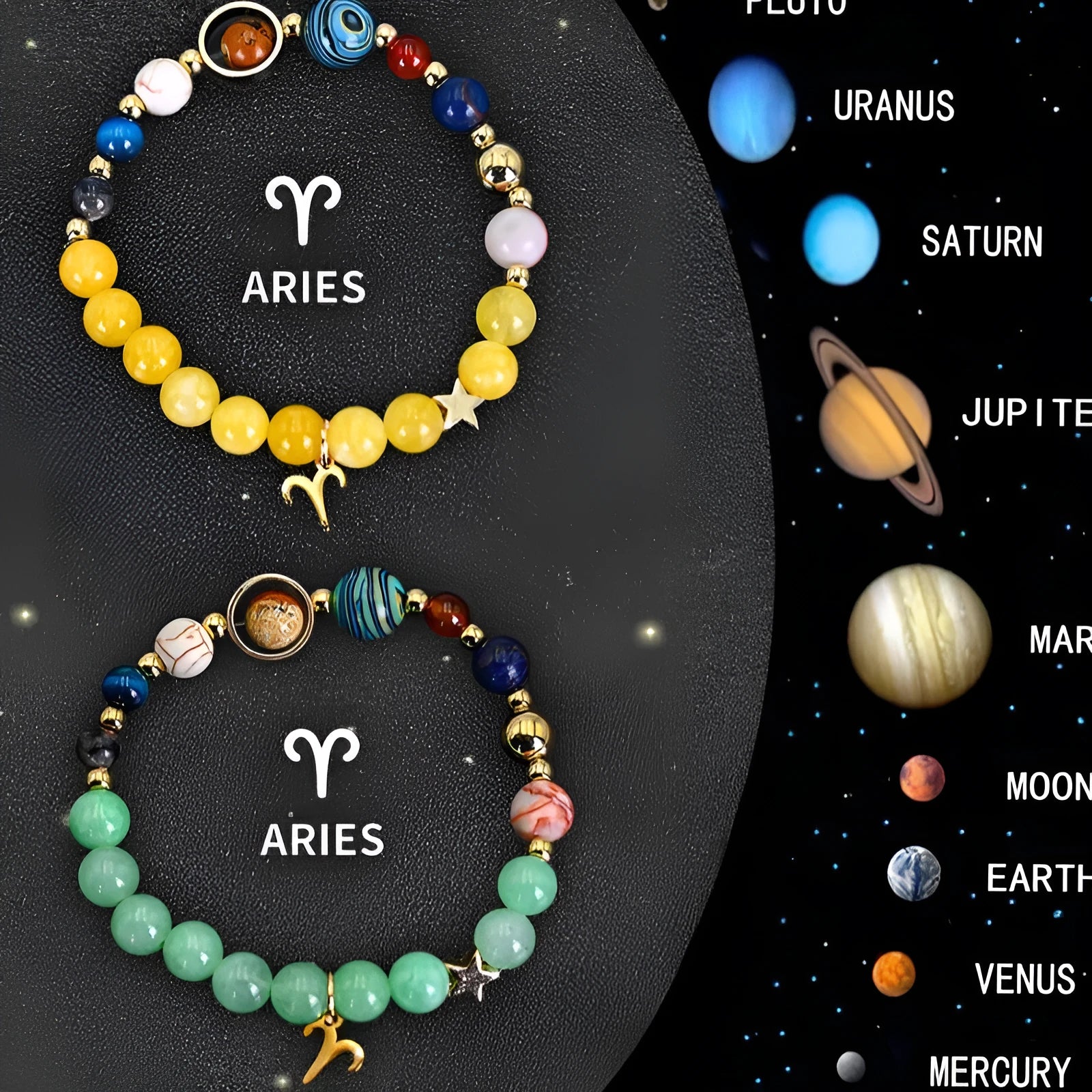 Two natural stone beaded bracelets with zodiac charms on an adjustable elastic band.