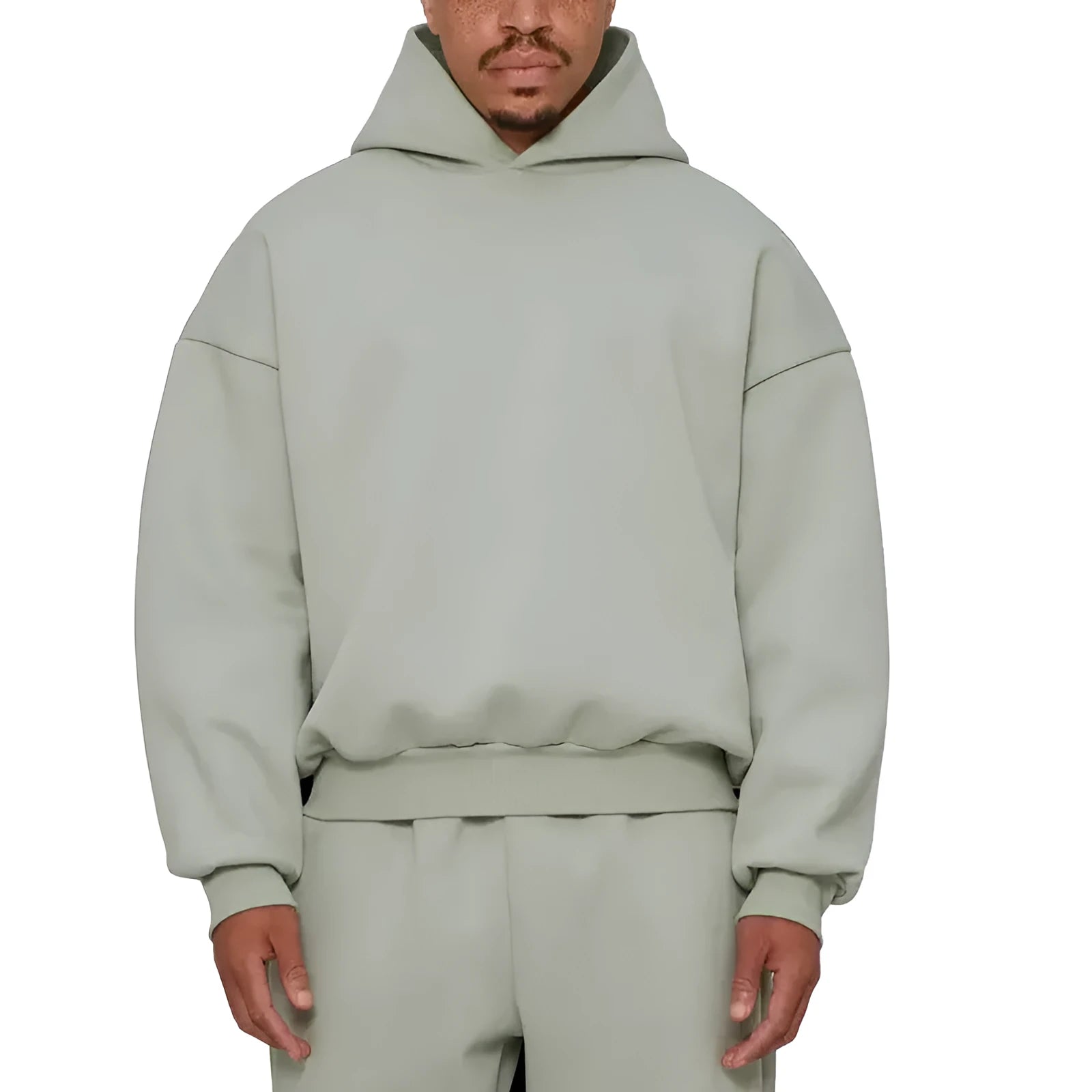 Men's grey fleece-lined cotton pullover hoodie with a front pocket and threaded long sleeves.