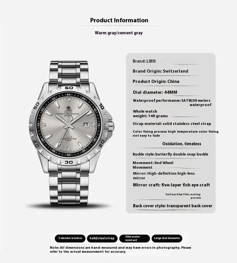 Silver men's business watch with stainless steel strap and choice of black or grey dial.