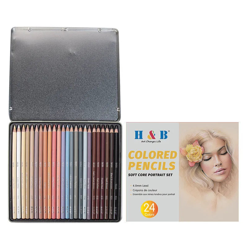 24-colour oil-based skin tone pencils for portrait art in metal tin round brush pot case