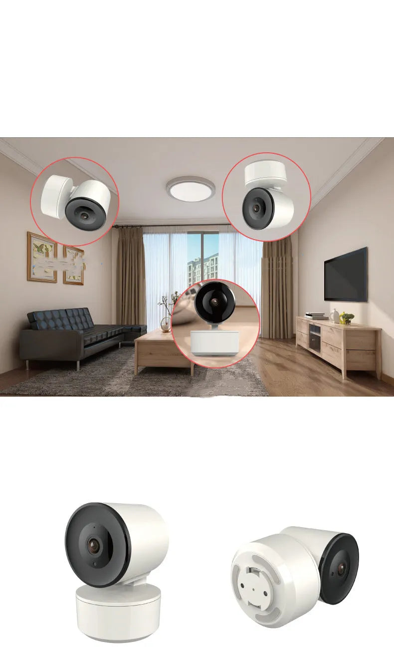 Smart WiFi indoor security camera with 1080P resolution and PTZ rotation on desktop mount