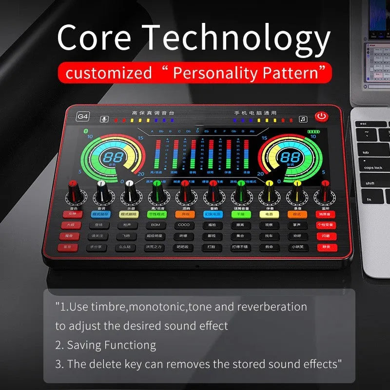 G4 professional sound card mixer with colourful LCD display, connected microphone, and included cables and remote control.