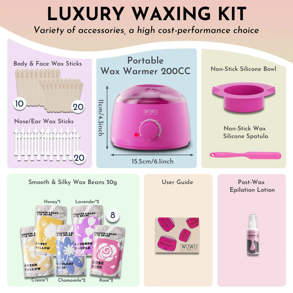 WUWUVISTA 63-piece waxing kit with black wax warmer, pots of wax beans, lotion, and applicator sticks on a pink background.