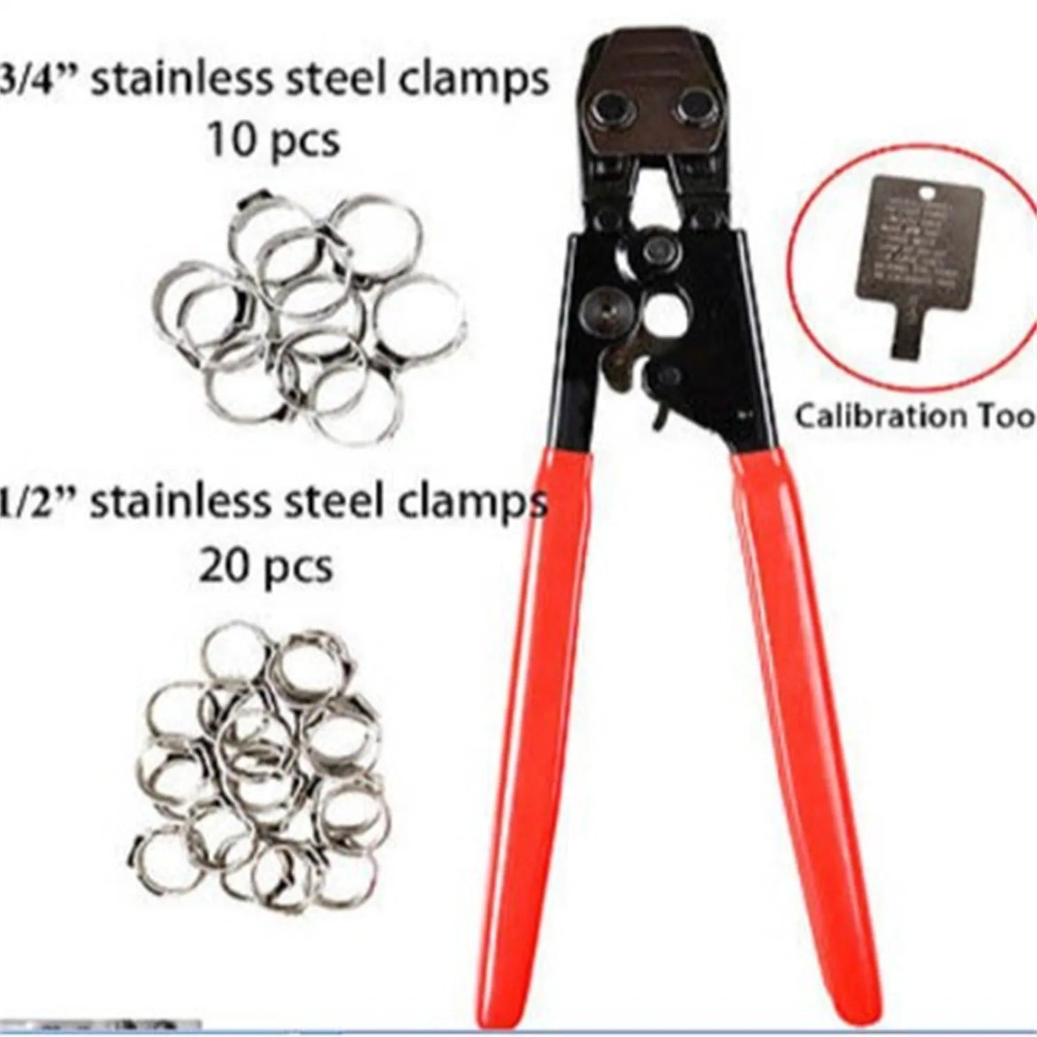 Red cloth packaged PEX clamp set with single ear metal clamps and carbon steel cutting edges
