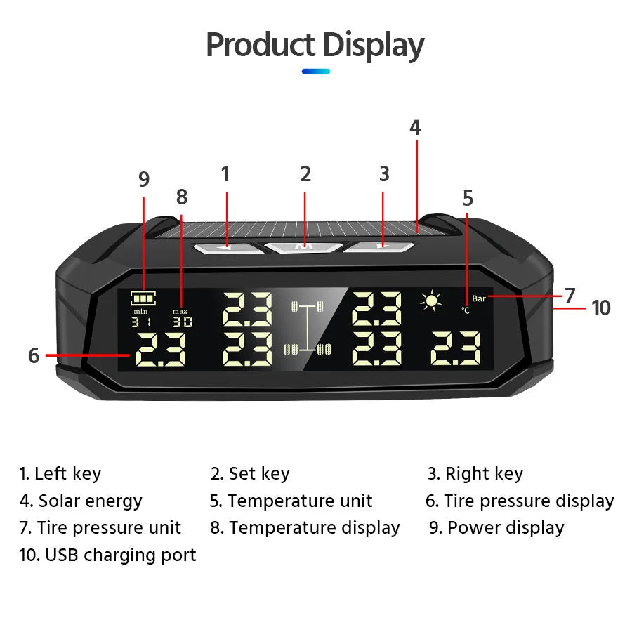 Solar external tyre pressure monitoring system with colour digital display for six-tyre vehicles