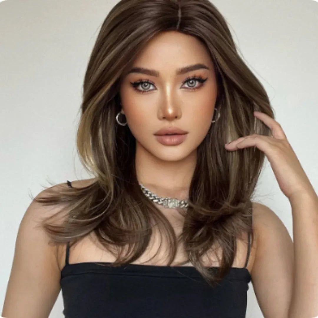 Mid-length platinum gradient curly wig with long bangs in white gold colour