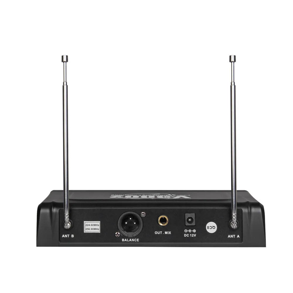 Black V-3002 wireless microphone set with two handheld dynamic mics and transmitter for KTV and stage use