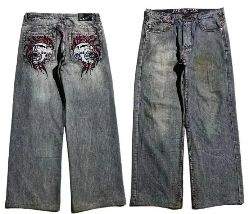 Men's grey wide-leg jeans with retro washed look and straight-leg design