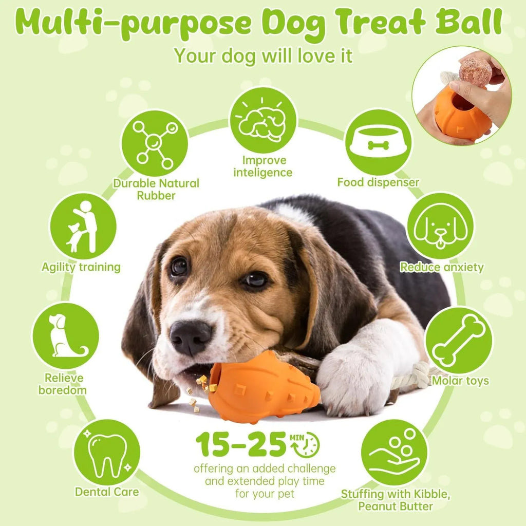Natural rubber stuffable dog chew toy with longer strap for interactive fetch and treat dispensing