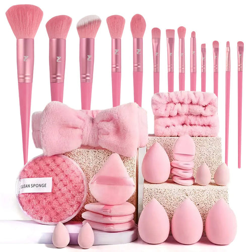 Beauty tools combination set with hydrophilic non-latex face wash and makeup tools in brown, pink, and purple colours
