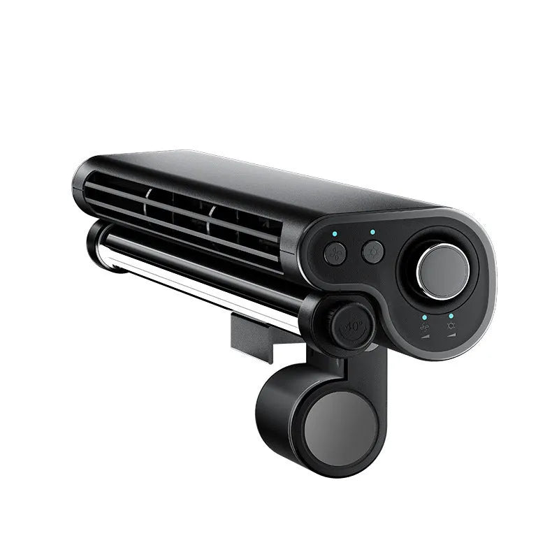 Black clip-on bladeless USB fan attached to laptop screen with LED light illuminated