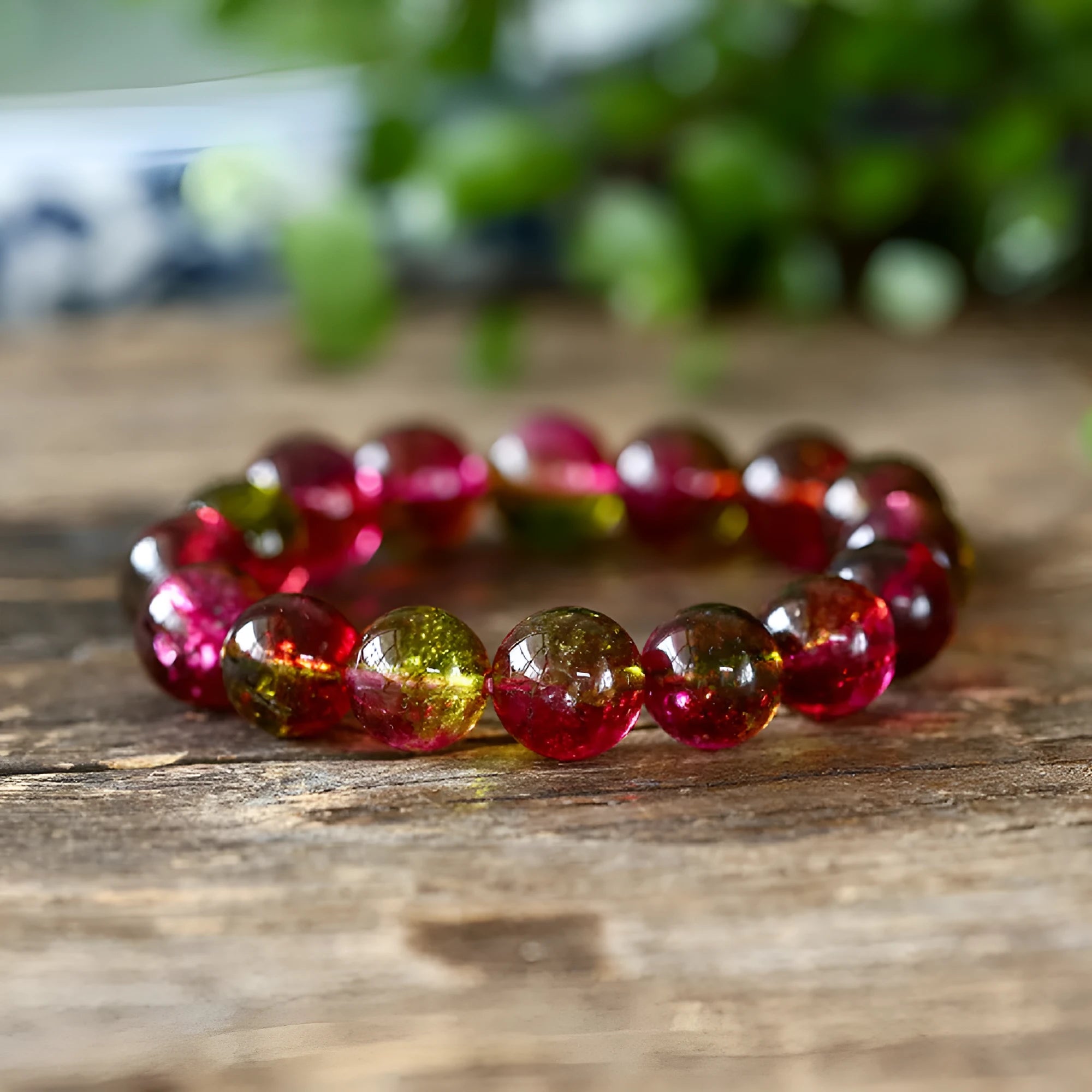 Handmade watermelon red crystal bracelet for women, shown in a casual style with pastoral elements.