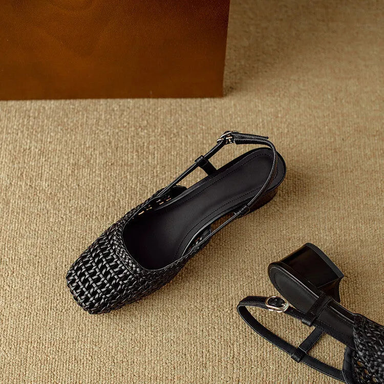 Women's beige woven sandals with a closed square toe, chunky heel, and buckle strap.