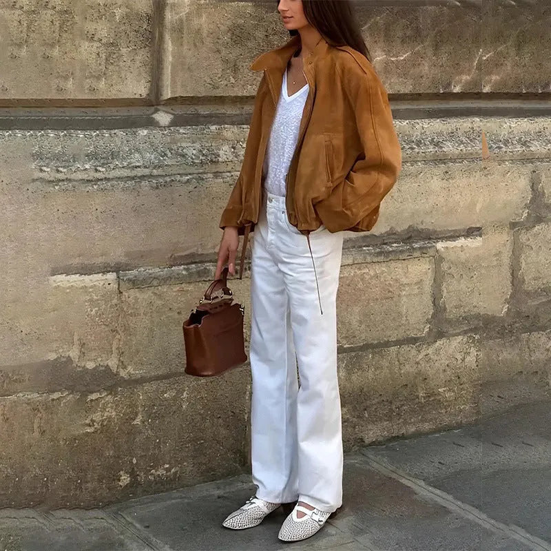 Retro solid colour loose fit polyester jacket on a hanger, shown in picture colour.