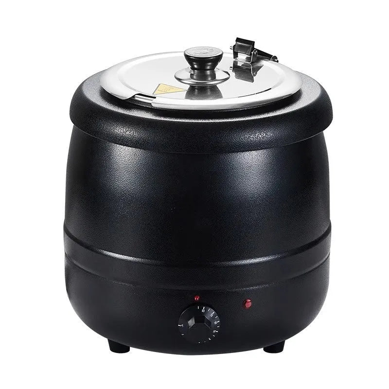 Black stainless steel electric insulation pot with large steel cover, 10 litre capacity for soup or porridge.