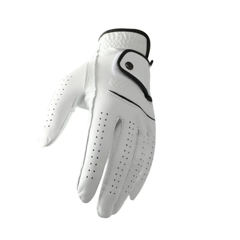 Men's white half sheepskin golf glove showing breathable construction and non-slip surface