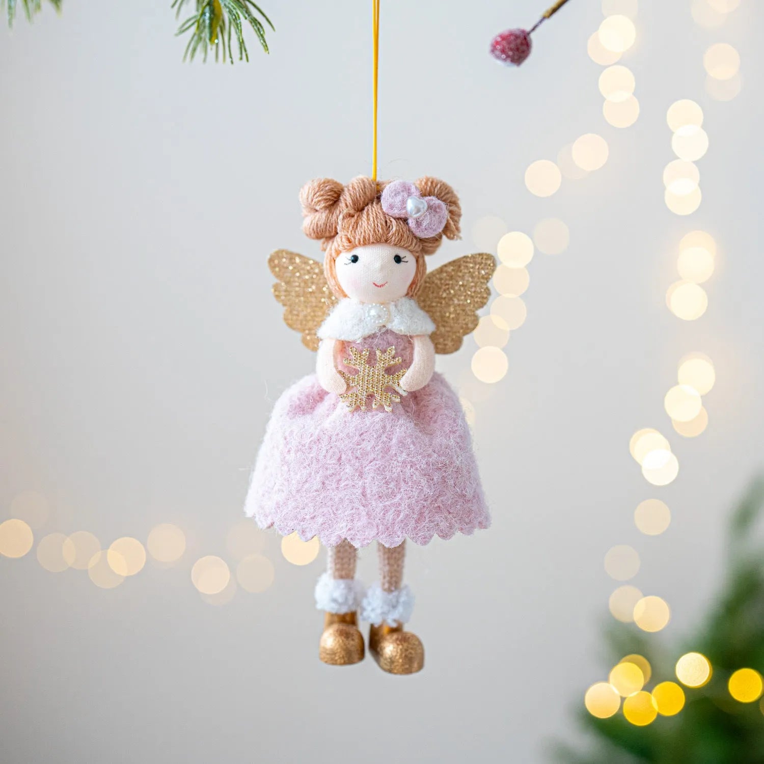 Pink and white cloth Christmas angel wings plush pendant ornament with modern simplicity design