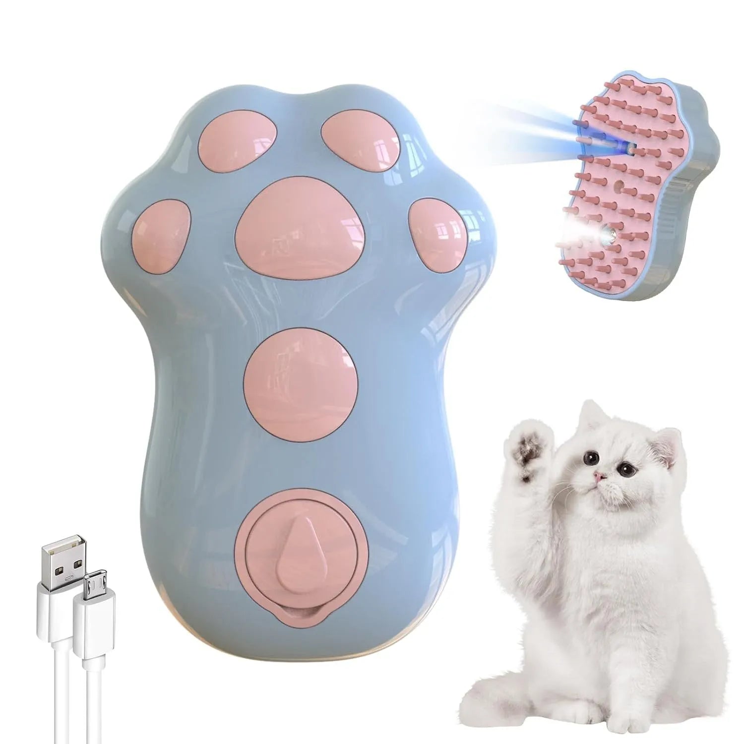 Blue self-cleaning cat steam brush with silicone bristles and a release button for pet grooming.