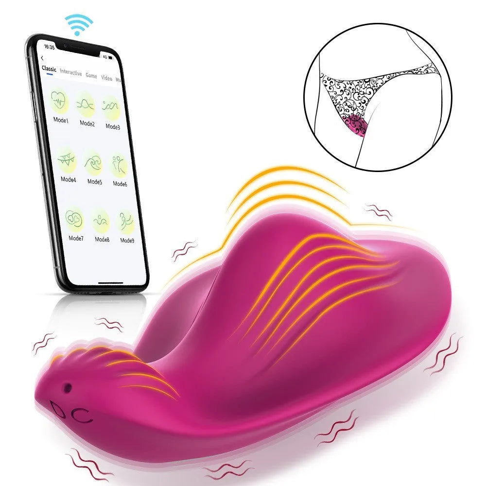 Rose red silicone wearable female vibrator with butterfly shape for app-controlled stimulation