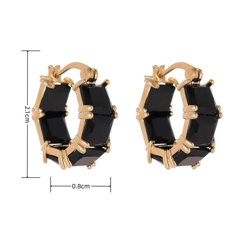 Geometric U-shaped earrings with round zircon crystals in black, pink or white with gold electroplating