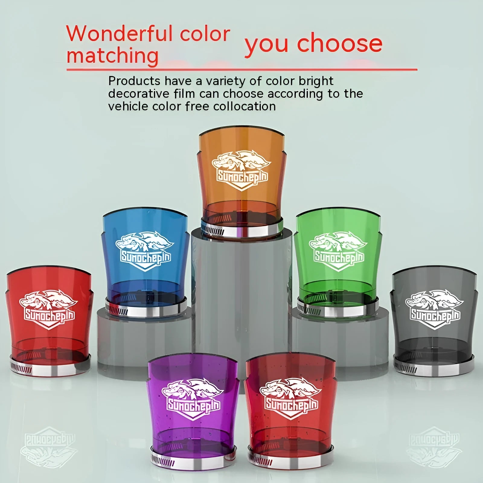 Transparent motorcycle front shock absorber protective sleeve with stainless steel clamp, shown in multiple colour options.