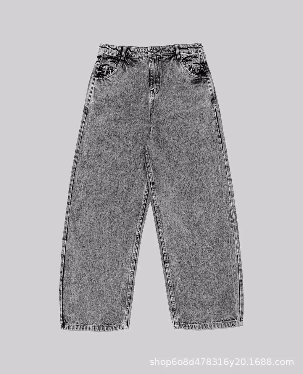Grey loose straight-leg denim trousers with mid-waist styling on hanger