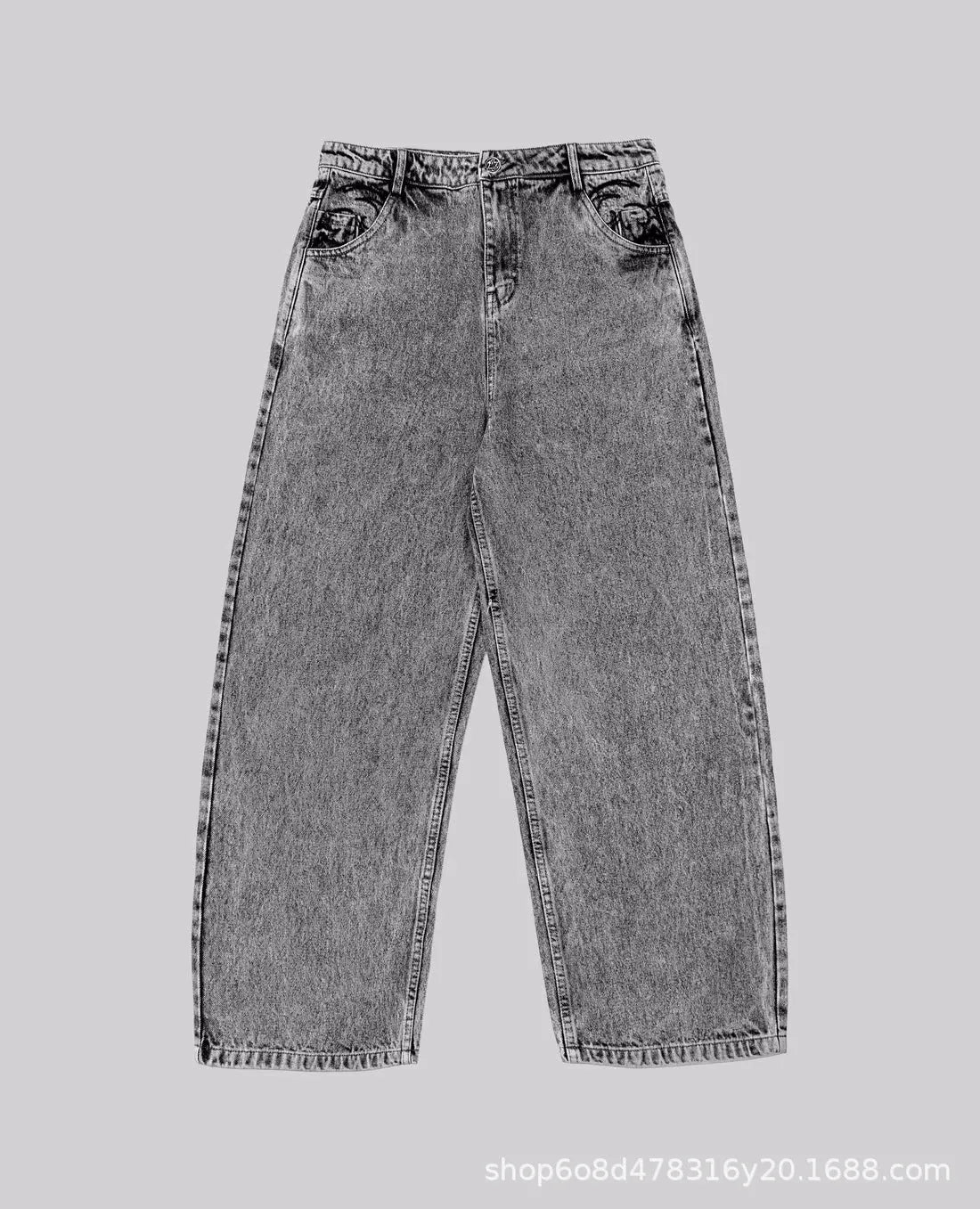 Grey loose straight-leg denim trousers with mid-waist styling on hanger