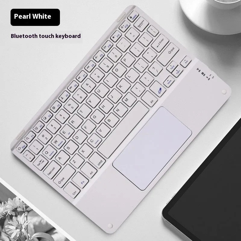 Square hat touch wireless Bluetooth keyboard in assorted colours on a desk.