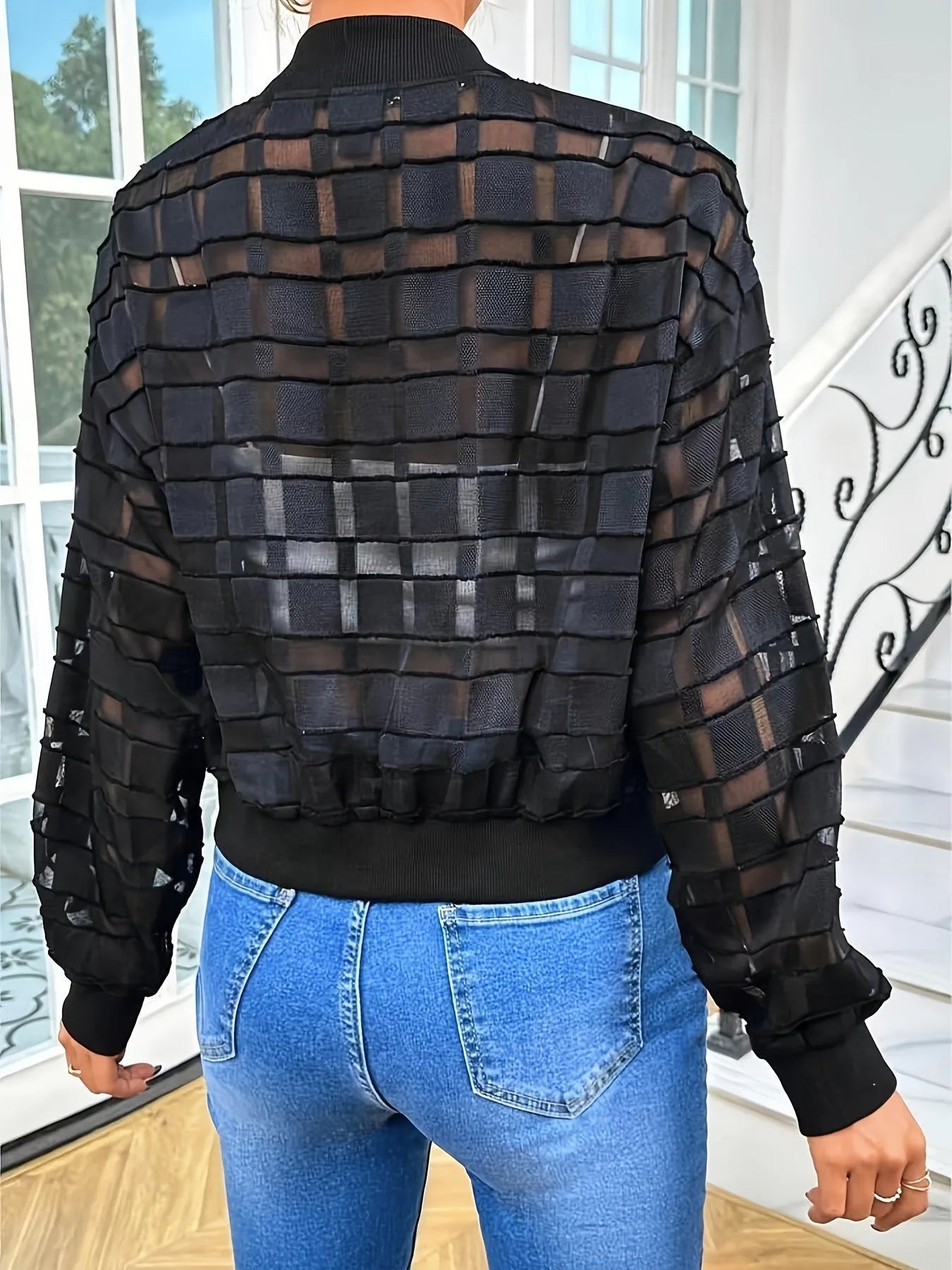 Black women's geometric pattern semi-transparent polyester zipper jacket with long sleeves