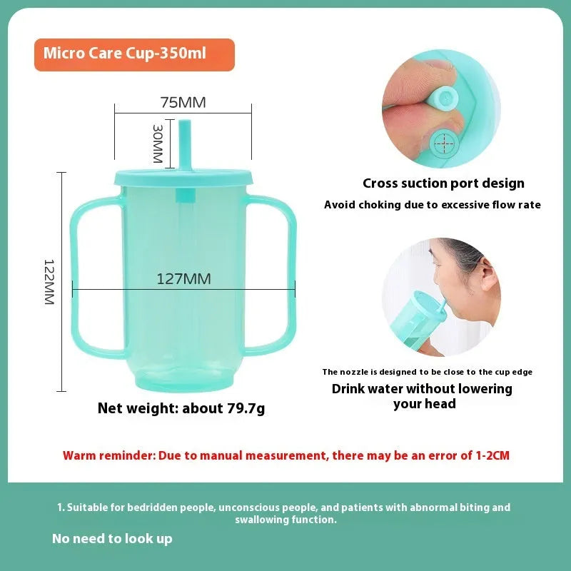 Adult bedside drinking cup with angled choke-proof mouth, handle, and lid, shown in care setting.