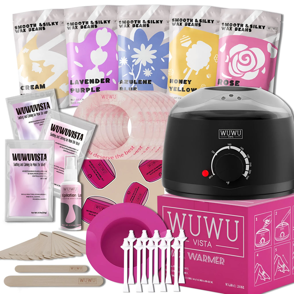 Professional waxing kit with wax warmer, hard wax beans, applicator sticks and aftercare products for sensitive skin