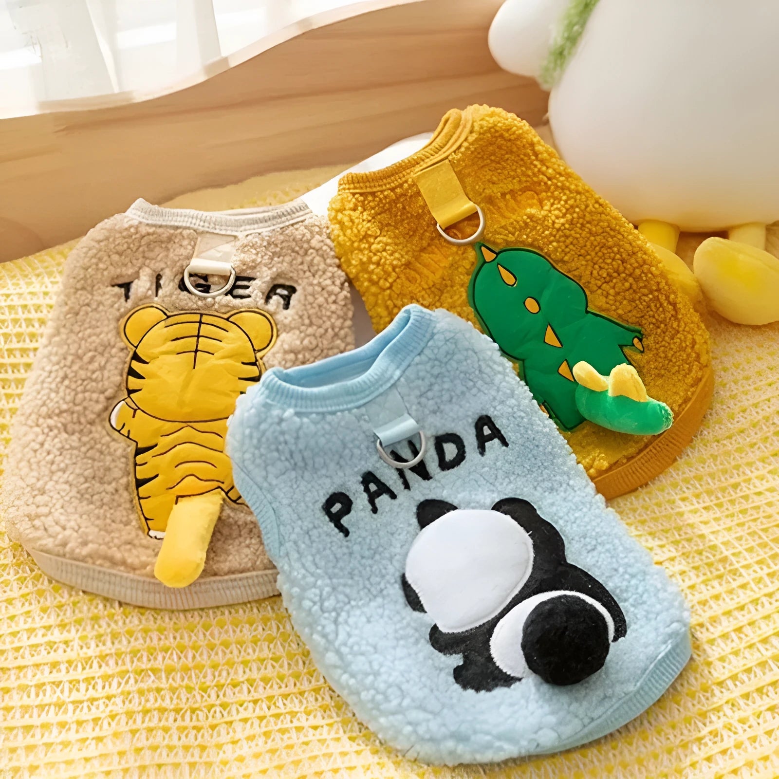 Fleece-lined thick polyester pet vest sweater in Round Giant Panda pattern on a small dog