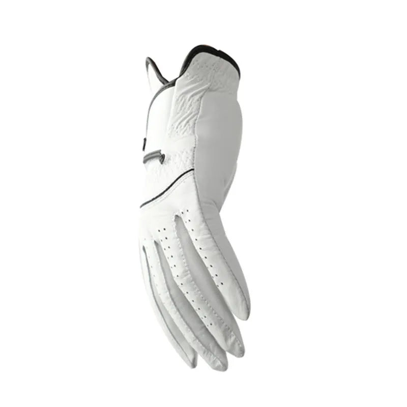 Men's white half sheepskin golf glove showing breathable construction and non-slip surface