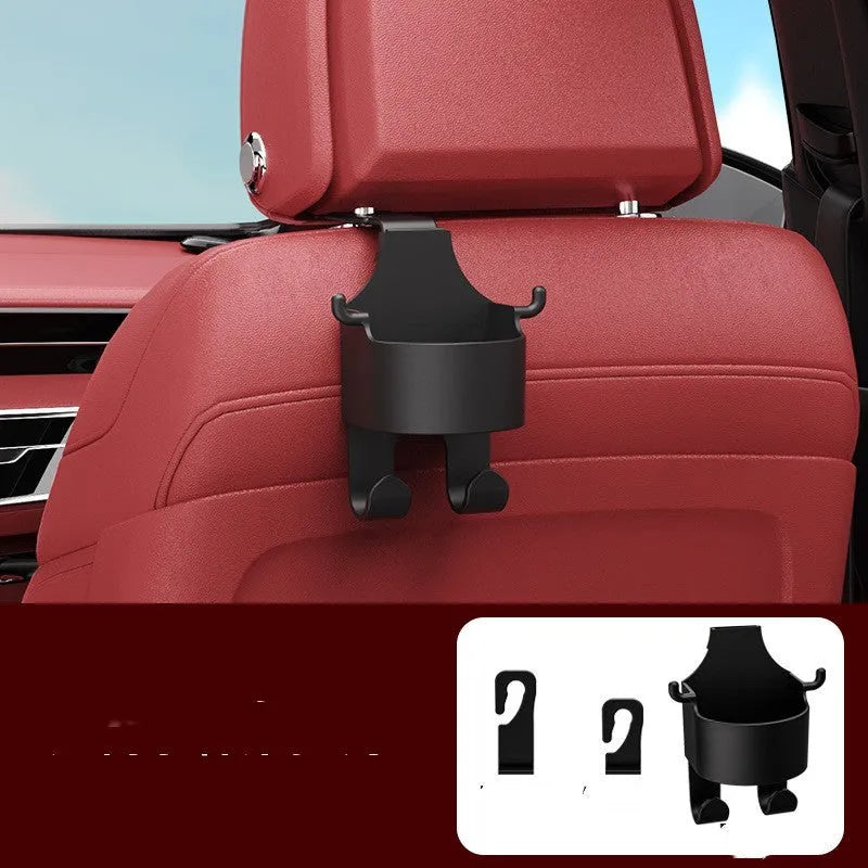 Black plastic car seat back organiser with cup holder and hook, shown from the side.