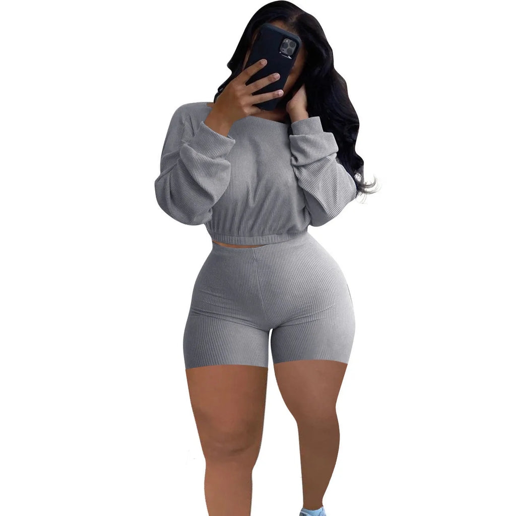 Women's sunken stripe off-the-shoulder long sleeve top with solid colour shorts in a selection of colours
