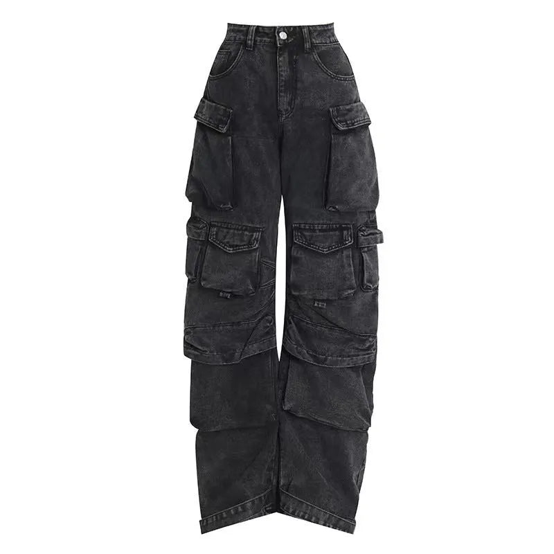 Women's high waist wide leg jeans in street hipster style with multiple pockets