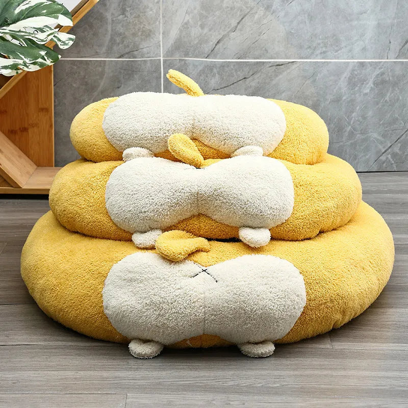 Corgi shaped plush pet bed for dogs and cats in three sizes, filled with PP cotton.