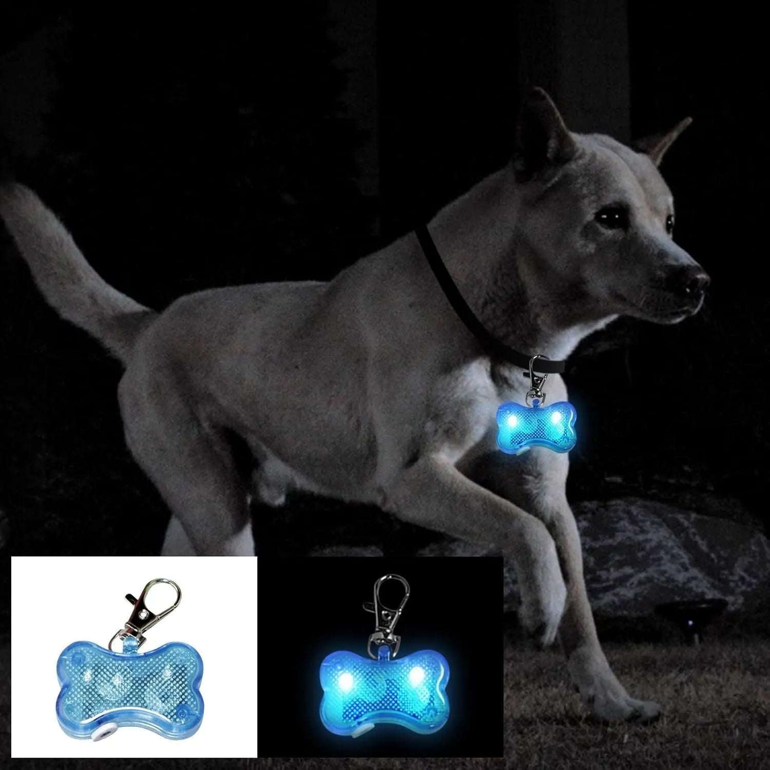 Pet LED bone luminous pendant attached to collar with blue light glowing